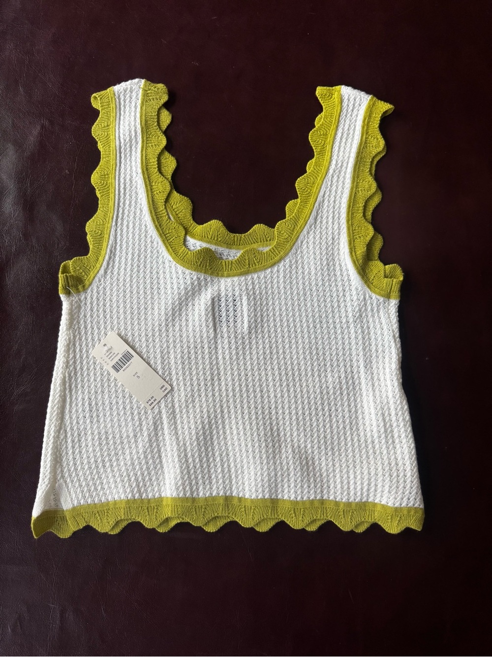 NWT Maeve Anthropology White Knit Tank with Lime Green Scalloped Trim - Picture 5 of 6
